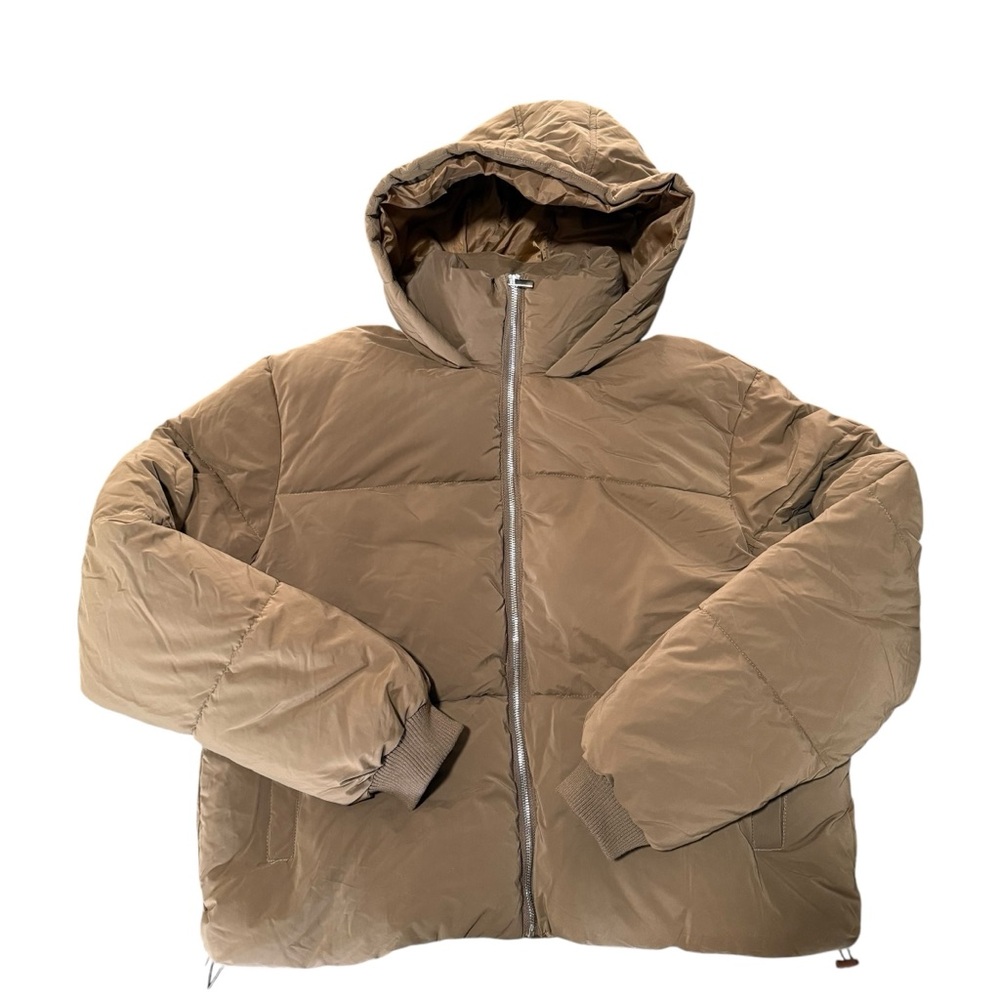 NWT Pretty Little Thing Women's Brown Puffer Jacket Hood Fall Winter Cinch Waist